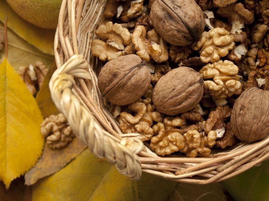 Walnuts in their shells and walnut kernels in a wicker basket